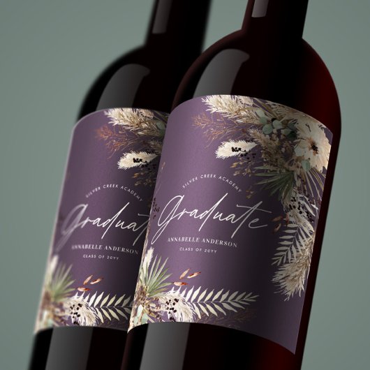 Afstuderen pampas eucalyptus floral paars wijn etiket