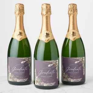Afstuderen pampas gras eucalyptus paarse chic sparkling wijnetiket