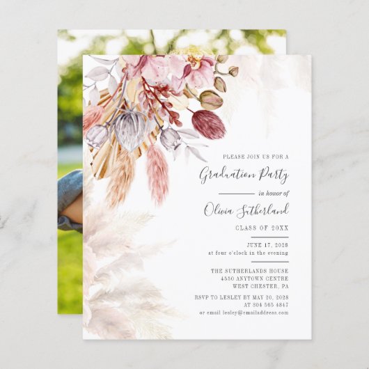 Afstuderen Pampas Grass Fotofeest Uitnodiging (Voorkant / Achterkant)