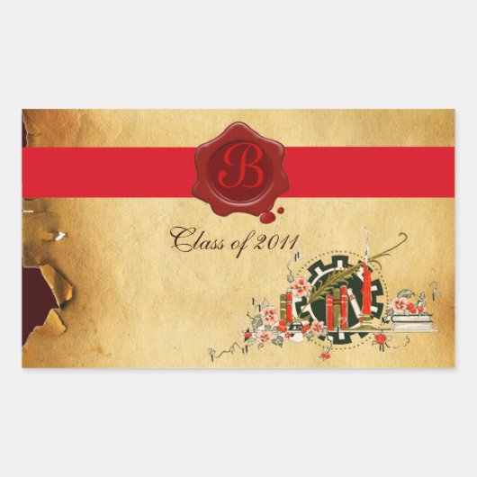 AFSTUDEREN PARCHMENT EN RODE WAX SEAL MONOGRAM RECHTHOEKIGE STICKER (Voorkant)