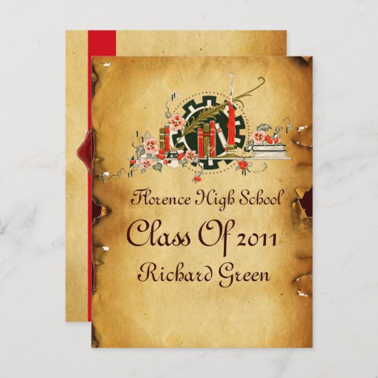 AFSTUDEREN PARCHMENT EN RODE WAX SEAL MONOGRAM UITNODIGING BRIEFKAART (Voorkant / Achterkant)