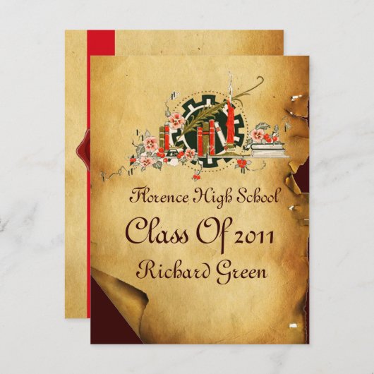 AFSTUDEREN PARCHMENT EN RODE WAX SEAL MONOGRAM UITNODIGING BRIEFKAART (Voorkant / Achterkant)