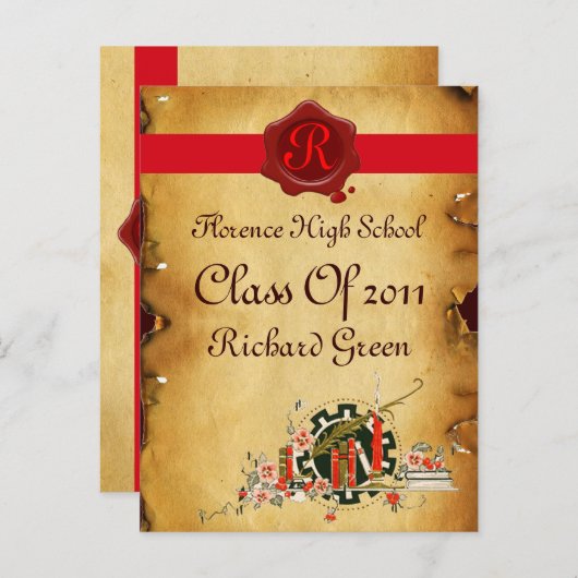 AFSTUDEREN PARCHMENT EN RODE WAX SEAL MONOGRAM UITNODIGING BRIEFKAART (Voorkant / Achterkant)