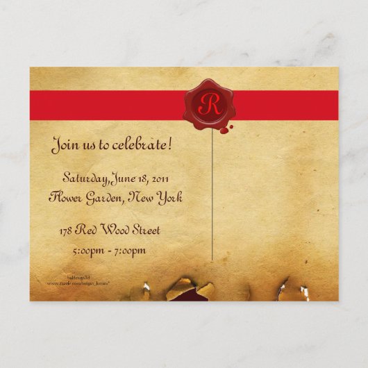 AFSTUDEREN PARCHMENT EN RODE WAX SEAL MONOGRAM UITNODIGING BRIEFKAART (Achterkant)