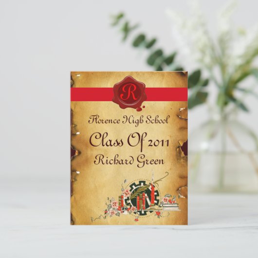 AFSTUDEREN PARCHMENT EN RODE WAX SEAL MONOGRAM UITNODIGING BRIEFKAART (Staand voorkant)