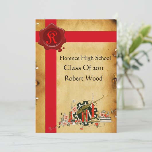 AFSTUDEREN PARCHMENT, Red Wax Seal Monogram Invita Kaart (Staand voorkant)