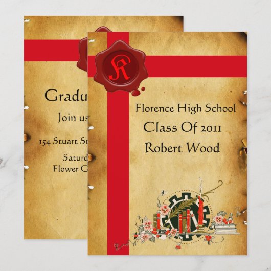 AFSTUDEREN PARCHMENT, Red Wax Seal Monogram Invita Kaart (Voorkant / Achterkant)