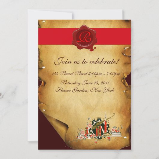 AFSTUDEREN PARCHMENT RED WAX SEAL MONOGRAM INVITE KAART (Achterkant)