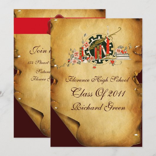 AFSTUDEREN PARCHMENT RED WAX SEAL MONOGRAM INVITE KAART (Voorkant / Achterkant)