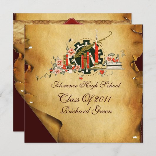 AFSTUDEREN PARCHMENT RED WAX SEAL MONOGRAM nodigt Kaart (Voorkant / Achterkant)