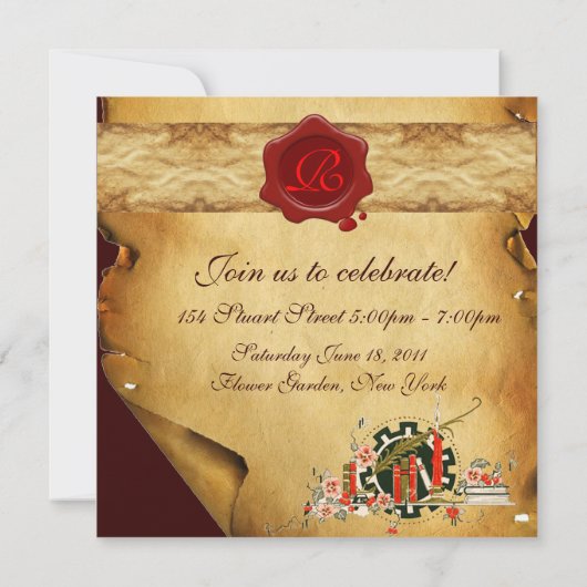 AFSTUDEREN PARCHMENT RED WAX SEAL MONOGRAM nodigt Kaart (Achterkant)