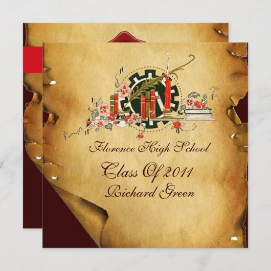 AFSTUDEREN PARCHMENT RED WAX SEAL MONOGRAM nodigt Kaart (Voorkant / Achterkant)