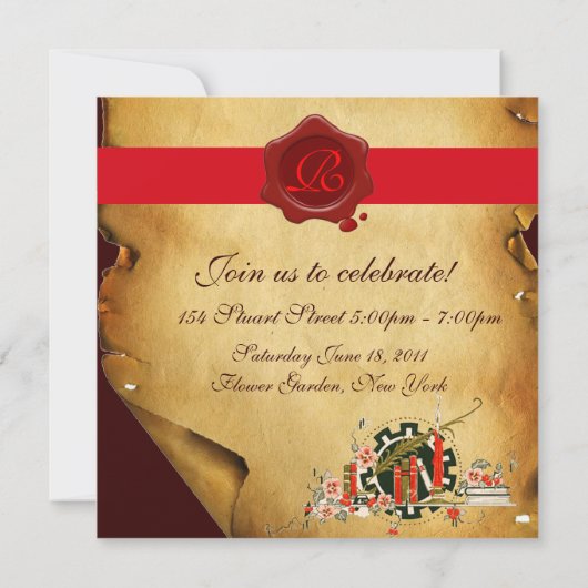 AFSTUDEREN PARCHMENT RED WAX SEAL MONOGRAM nodigt Kaart (Achterkant)