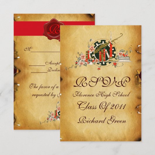 AFSTUDEREN PARCHMENT RED WAX SEAL MONOGRAM RSVP KAART (Voorkant / Achterkant)