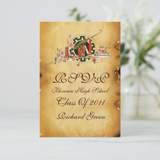 AFSTUDEREN PARCHMENT RED WAX SEAL MONOGRAM RSVP KAART (Staand voorkant)