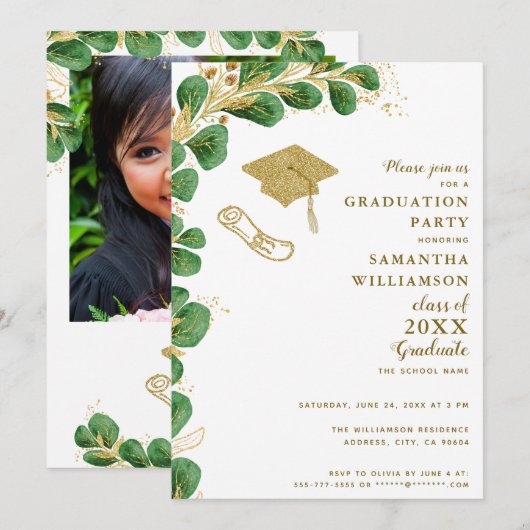 Afstuderen partij Elegant Faux Gold Floral Afstude Kaart (Voorkant / Achterkant)