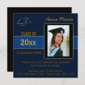 Afstuderen Party Foto blauw Uitnodiging (Voorkant / Achterkant)