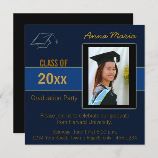 Afstuderen Party Foto blauw Uitnodiging (Voorkant / Achterkant)