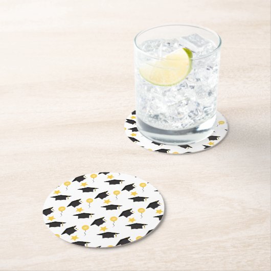 Afstuderen Pet ballons Patroon Geel Zwart Ronde Kartonnen Onderzetter (Insitu)