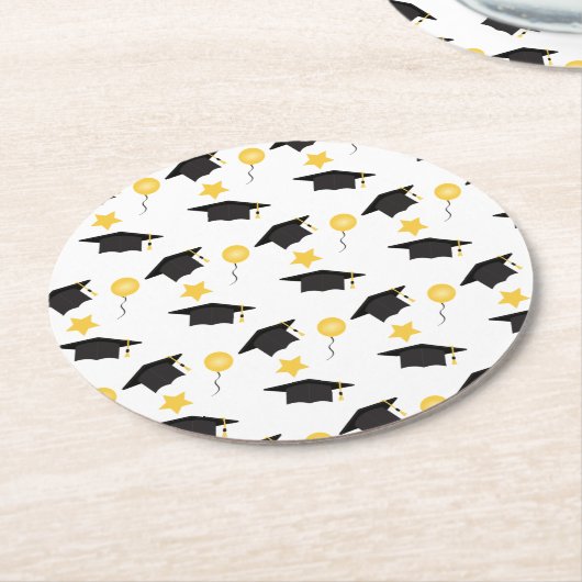 Afstuderen Pet ballons Patroon Geel Zwart Ronde Kartonnen Onderzetter (Gebogen)