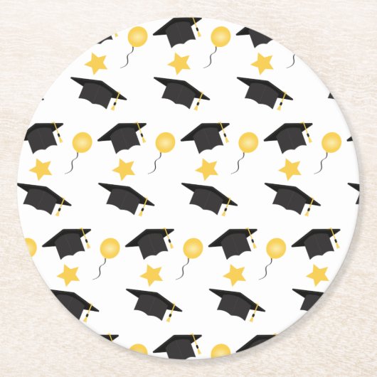 Afstuderen Pet ballons Patroon Geel Zwart Ronde Kartonnen Onderzetter (Voorkant)