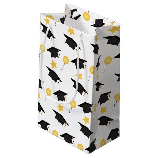 Afstuderen Pet ballons Stars Patroon Geel Zwart Klein Cadeauzakje (Achterkant Gekanteld)