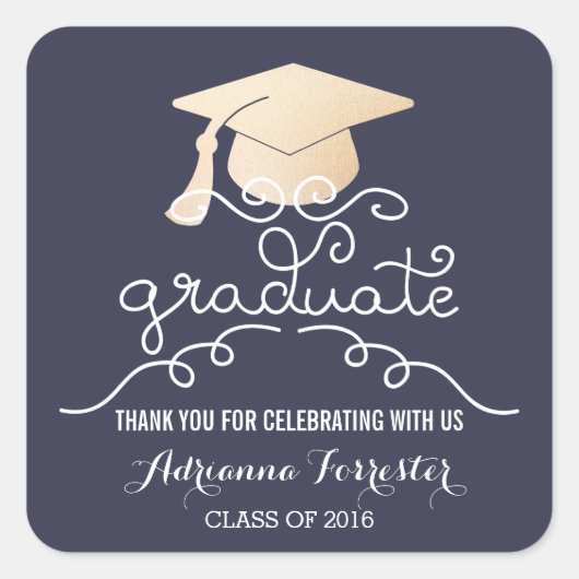 Afstuderen Pet Faux Roos Goudfolie Dank u Blauw Vierkante Sticker (Voorkant)