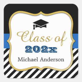 Afstuderen Pet Modern Gold Navy Stripes Afstuderen Vierkante Sticker