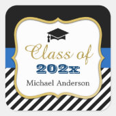 Afstuderen Pet Modern Gold Navy Stripes Afstuderen Vierkante Sticker (Voorkant)