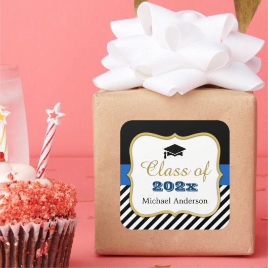Afstuderen Pet Modern Gold Navy Stripes Afstuderen Vierkante Sticker (Feest)