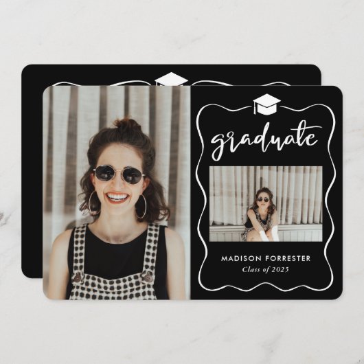 Afstuderen Pet Script Zwart Minimal Photo Collage Kaart (Voorkant / Achterkant)