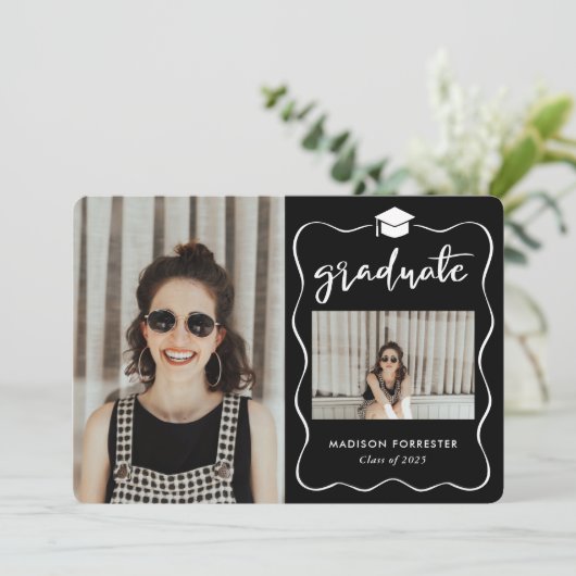 Afstuderen Pet Script Zwart Minimal Photo Collage Kaart (Staand voorkant)