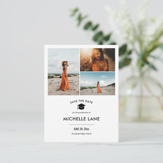Afstuderen Pet Sla de datum op Drie foto's Briefkaart (Staand voorkant)