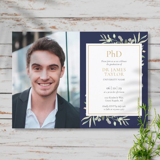 Afstuderen PhD-graad Navy Blue Greenery Kaart