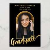 Afstuderen Photo Arch Stijlvol Script Zwart Goud Folie Uitnodiging (Voorkant)