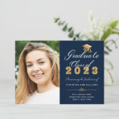 Afstuderen Photo Blue Gold Script Class of 2023 Aankondiging (Staand voorkant)