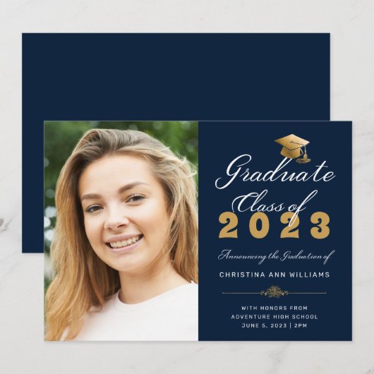 Afstuderen Photo Blue Gold Script Class of 2023 Aankondiging (Voorkant / Achterkant)