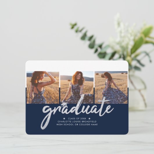 Afstuderen Photo Collage 2025 Navy Blue Afstudeerd Aankondiging (Staand voorkant)