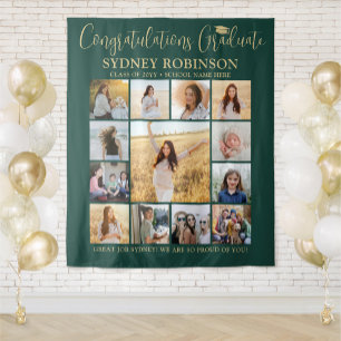Afstuderen Photo Collage Groen en Goud Achtergrond Wandkleed