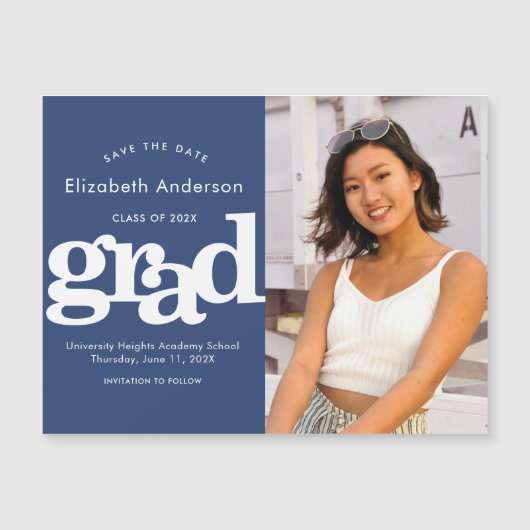 Afstuderen Photo Navy Bold Save the Date Modern Magnetische Uitnodiging (Voorkant)