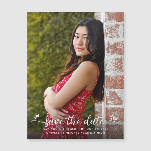 Afstuderen Photo Save Date Script Hearts Modern Magnetische Uitnodiging (Voorkant)