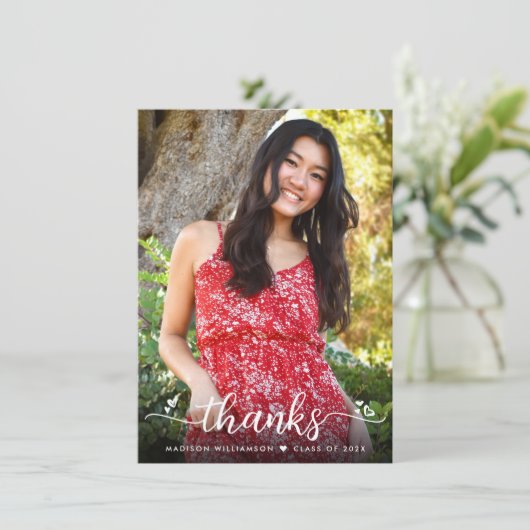Afstuderen Photo Script Hearts Modern Simple Bold Bedankkaart (Staand voorkant)