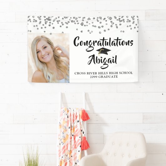 Afstuderen Photo Silver Confetti Brush Script Spandoek (Insitu)