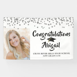 Afstuderen Photo Silver Confetti Brush Script Spandoek