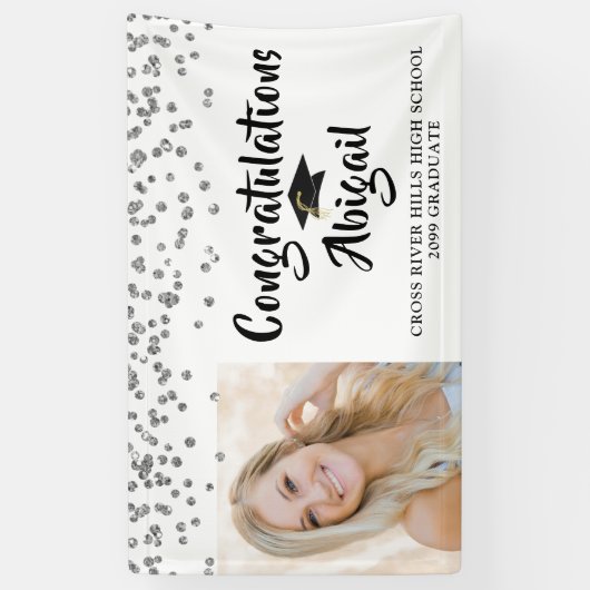 Afstuderen Photo Silver Confetti Brush Script Spandoek (Verticaal)