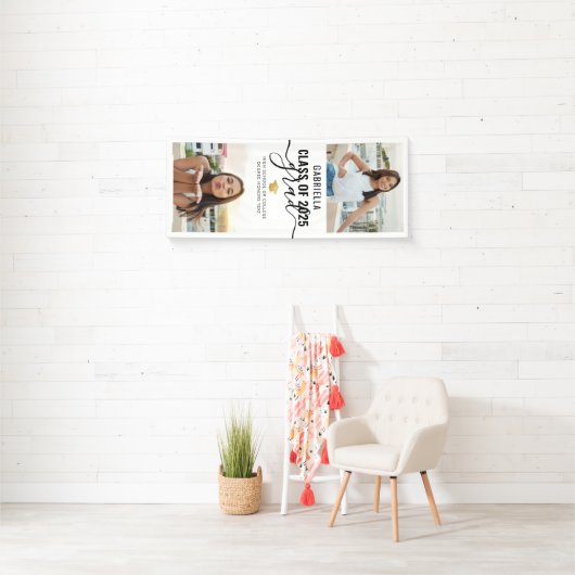 Afstuderen Photo White en Gold Modern Script Spandoek (Insitu)