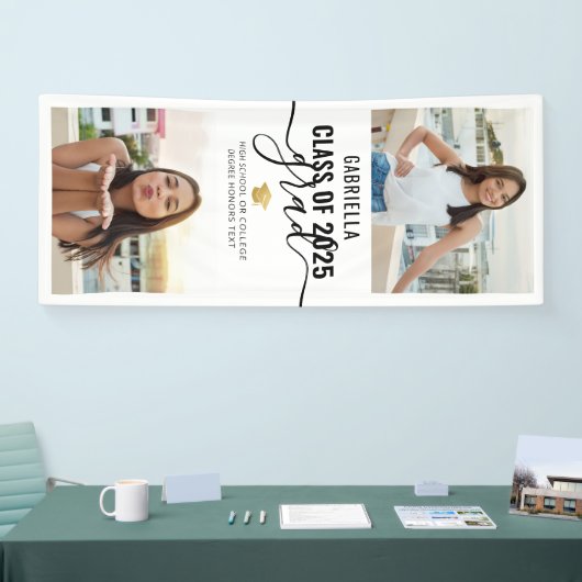 Afstuderen Photo White en Gold Modern Script Spandoek (Beurs)