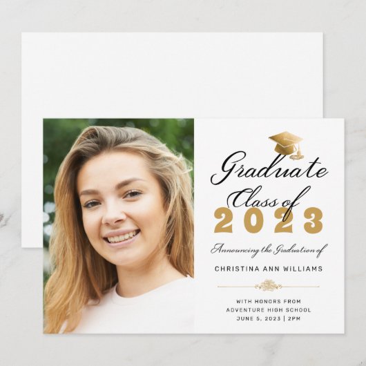 Afstuderen Photo White Gold Script Class of 2023 Aankondiging (Voorkant / Achterkant)