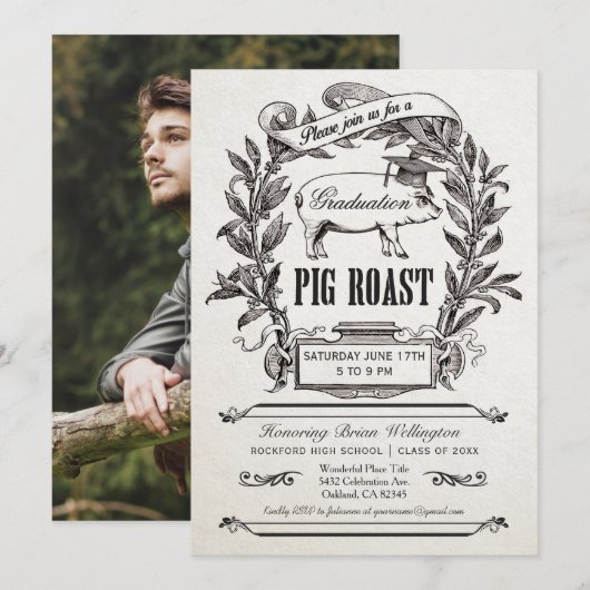 Afstuderen Pig Roast Uitnodigingen - Hoogste Vinta (Voorkant / Achterkant)