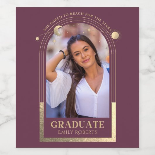 Afstuderen Plum Gold Sun Moon Stars Afstudeerder F Wijn Etiket (Enkel label)